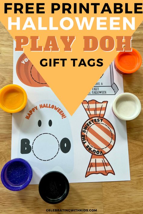 Create fun and festive Halloween gifts with our free printable Play Doh gift tags, perfect for class parties or neighborhood treats. Easily pair these tags with mini play-dough containers for a creative and thoughtful Halloween surprise! Halloween Gift For Preschoolers, Halloween Play Doh Printable, Play Dough Halloween Favors, Play Dough Gift Tags Free Printable, Playdough Halloween Favors, Play Doh Gift, Gift Tags Free Printable, Halloween Classroom Treats, Play Dough Gift