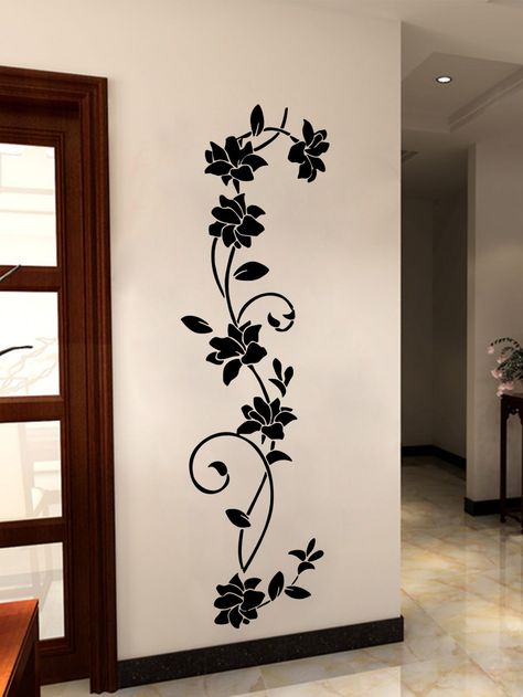 Black  Collar  PVC   Embellished   Home Decor Black Wall Painting Ideas, Wall Painting Flowers Simple, Flower Wall Painting, Room Paint Designs, Simple Wall Paintings, Wall Sticker Design, Wall Art Diy Paint, Wall Painting Decor, Black Pvc