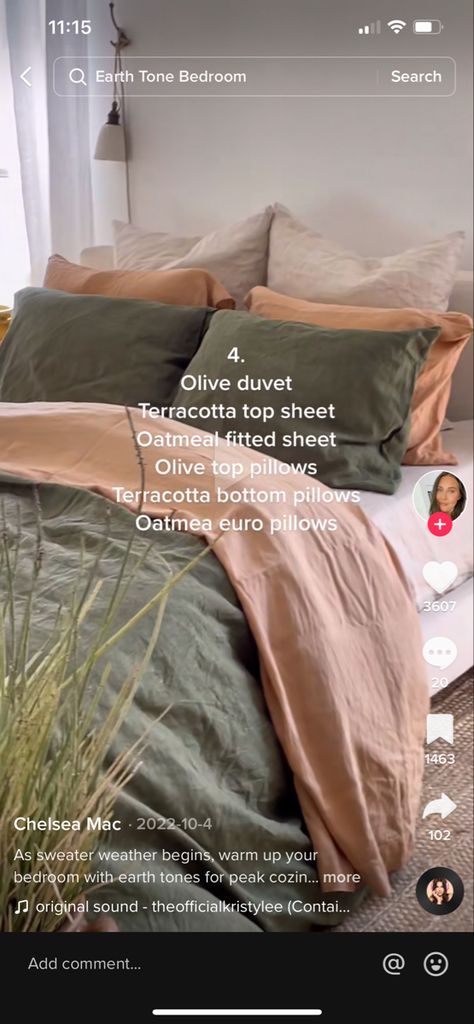 Olive And Sage Bedding, Sheets With Green Comforter, Olive Bed Sheets Aesthetic, Green Bed Comforter Ideas, Neutral Bedroom With Terracotta, Tera Cotta Bedding, Earth Vibes Room, Olive Comforter Bedroom Ideas, Bed With Green Comforter