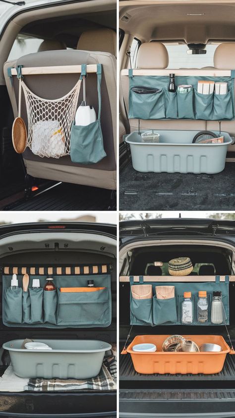 Collage of back-of-seat organizers in a vehicle, showcasing various storage solutions for car camping and road trips, including pockets, bins, and hanging storage. Minivan Camping Hacks, Camper Van Organization, Truck Organization Ideas, Car Camping Setup, Pnw Roadtrip, Car Organization Ideas, Road Trip Organization, Car Camping Organization, Van Inspiration