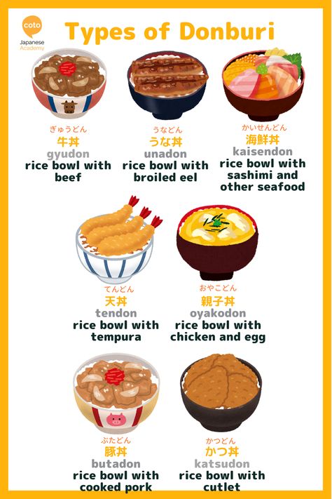 Japanese Food Vocabulary, Japanese Festival Food, Food In Japanese, Japanese Donburi, Donburi Recipe, Japanese Food Names, Traditional Japanese Food, Japenese Food, Japanese Cafe