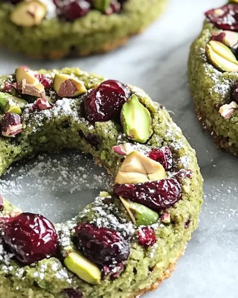 Pistachio Cranberry Wreath Cookies Pistachio Wreath Cookies, Cherry Pistachio Cookies, Pistachio Cranberry Cookies, Easy Christmas Treats For Gifts, Southern Candied Sweet Potatoes, Pistachio Cookies Recipe, Carrot Cake Roll, Cranberry Wreath, Candied Sweet Potato Recipes