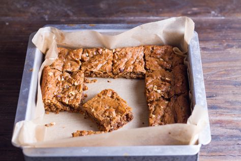 One of the things I love about creating recipes is all the additions and changes that readers suggest. I feel equally happy about recipe testing and happy accidents. When a reader, Bhavna, told me about adding a cup of coffee to my blondies recipe, I immediately thought I need to try that! I only had crunchy roasted almond butter on hand, so I went with what I had and I'm glad I did. This recipe is only slightly different from my original blondies recipe, but the flavor is has a caramel tone and Toffee Brownies, Crunch Brownies, Toffee Crunch, Mini Donuts Maker, Almond Toffee, Scd Recipes, Toffee Candy, Donut Maker, Butter Coffee