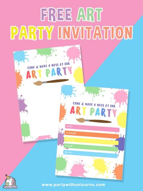 Art Party Invitation - Get Your Free Printable.  Perfect for planning your next art Party.  Check out our entire Art Party collection to get art party ideas and arty party printables and more. #artparty #kidpartyideas #kidsparty #kidsparties #girlparty #preschoolparty #girlsparty Printable Art Paint Party Invitations. Art Party Invitations Free Printables, Art Birthday Party Invitations, Free Party Invitations, Girls Birthday Party Games, Art Party Decorations, Dinosaur Party Invitations, Kids Party Planning, 11 Birthday, Art Party Invitations