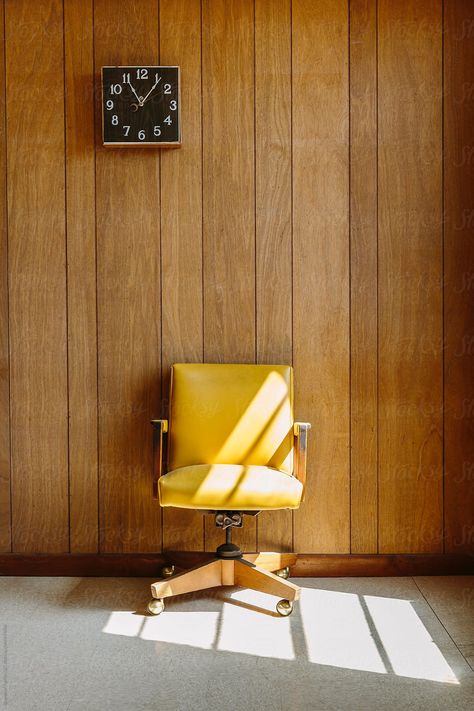 Vintage Photography  Vintage Yellow Chair with Wood Paneling in Office with Clock by Raymond Forbes Photography #stockphoto #stocksy #clock #dondraper #woodpanelling #vintage #seventies #VintagebusinessPhotography #retrophotography #americanaphotograpy #seventies #chairphotography #Midcenturymodernphotography Yellow Office Chair, Insurance Office, Cheap Desk Chairs, Office Chair Diy, Chair Photography, Yellow Office, Vintage Office Chair, Upholstered Swivel Chairs, Retro Office