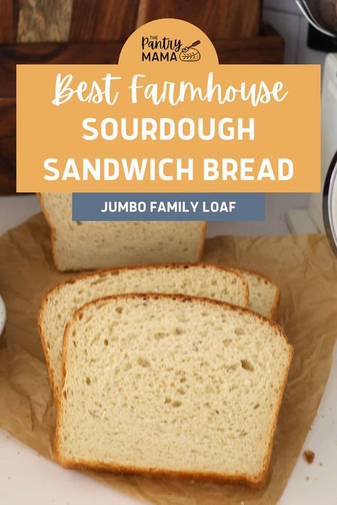 Easy sourdough farmhouse white sandwich loaf - a jumbo sized loaf with a soft, squishy crumb and loads of flavor your family will love! Sandwich Loaf Sourdough, Sourdough White Sandwich Bread, Pantry Mama Sourdough Sandwich Loaf, Pantry Mama, Sourdough Sandwich Bread, Rye Sourdough, Sourdough Breads, Sourdough Bread Sandwiches, Dough Starter