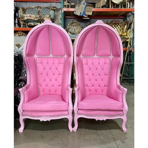 From my new line of HIGH-END QUALITY reproduction chairs, I bring you this beautiful authentic throne canopy balloon chair frame refinished in pink lacquer and reupholstered in pink tufted leather. This is a high end luxury leather wrapped chair. The chair was made in France and the upholstery in Italy. The entire chair was hand carved and the frame is decorated with floral motifs to accentuate the front and back of this very comfortable and sumptuously padded chair with a removable cushion. With unparalleled quality, this will be an unforgettable style statement piece.   Dimension: 70"H x 32"W x 34"D. Seat Height 19" Rococo Interior Design, Canopy Chair, Balloon Chair, Red Leather Chair, Luxurious Chair, Rococo Interior, Pink Furniture, Chair Frame, French Rococo