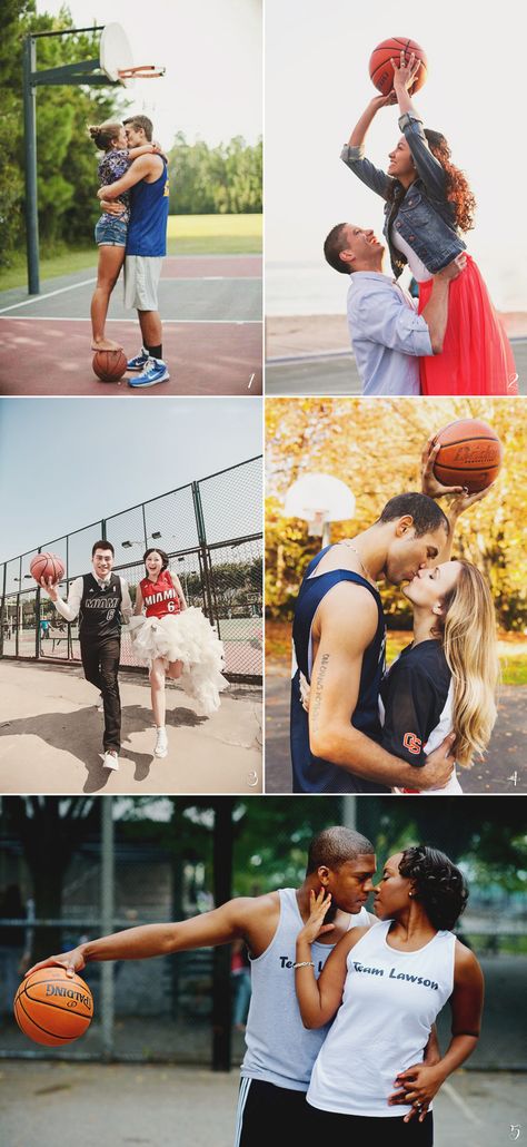 True relationship is a lot like the athletic spirit, it’s about refusing to give up on each other.  For active couples, it makes sense to reveal your spirit and love for sports through your engagement photo shoot. There is something so powerful and yet romantic about athletic engagement photos that makes our hearts dance.  Join … Basketball Wedding Photos, Wedding Basketball Ideas, Basketball Engagement Photos Ideas, Basketball Prewedding, Athletic Engagement Photos, Love And Basketball Photo Shoot, Couples Basketball Pictures, Sporty Engagement Photos, Cute Sports Couples