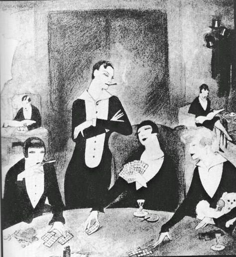 The “Monbijou” one of Berlin’s most exclusive lesbian clubs,  by Jeanne Mammen.   On the exclusive end of the spectrum, Ruth Röllig, described Club Monbijou West as accessible only by invitation of one of its six hundred members. The hostesses Mali and Igel greeted the clientele personally and enforced a "refined yet promiscuous" atmosphere. Marti Lybeck Jeanne Mammen, Weimar Berlin, Ludwig Meidner, Karl Hofer, Gottfried Helnwein, Neo Rauch, Hans Thoma, Berlin Club, Weimar Germany