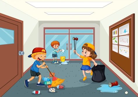 Student cleaning school hallway | Premium Vector #Freepik #vector #kids #kids-cleaning #school-corridor #school-hallway Hallway Illustration, Student Cleaning, Cleaning Drawing, School Hallway, Student Cartoon, Picture Composition, School Hallways, School Cartoon, Kids Background