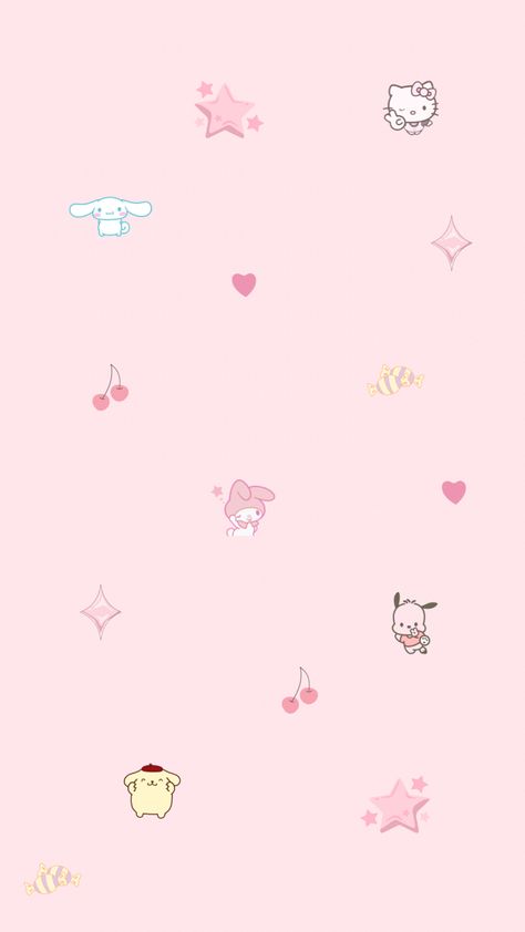 My melody hello kitty pochacco pompompurin cinnamonroll sanrio pink pink aesethic pink wallpaper cherries cute stars candy Sanrio Heart Wallpaper, Cinnamonroll Sanrio Pink, Valentines Sanrio Wallpaper, Sanrio Pink Wallpaper, Cinnamonroll Sanrio Wallpapers, Pink Pompompurin, Pink Sanrio Wallpaper, Pink Sanrio Aesthetic, My Melody Aesthetic Wallpaper