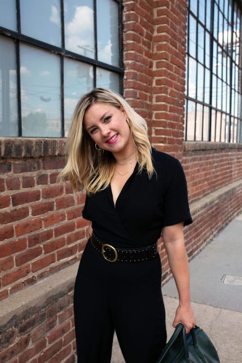 How to Style a Black Jumpsuit Three Ways How To Style Black Jumpsuit, How To Style A Black Jumpsuit, Style A Black Jumpsuit, Black Jumpsuit With Belt, Black Jumpsuit Outfit, Fancy Jumpsuit, Satin Jumpsuit, Jumpsuit Outfit, Short Sleeve Jumpsuits