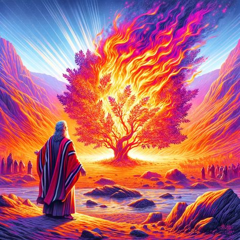 A vibrant and detailed illustration of Moses encountering God in the burning bush, as described in Exodus 3:2-6. The scene is set in a desert landscape with a clear, bright sky. The bush, central to the composition, is engulfed in flames that are vivid and intense yet do not consume the bush. Moses, depicted as an awe-struck, Middle-Eastern man with a beard, is standing a few feet away,... Moses And The Burning Bush Craft, Burning Bush Art, Moses Prophet, Burning Bush Tattoo, Moses And Burning Bush, Burning Bush Moses, Bible Story Art, Moses Burning Bush, Moses Art