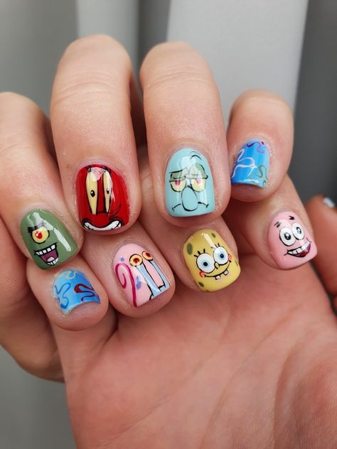 Cartoon Nail Designs Short, Cartoon Nail Art Short Nails, Spongebob Short Nails, Spongebob Nails Short, Sponge Bob Nail Art, Spongebob Nails Designs, Nail Nam, Nails Spongebob, Boy Nail Art