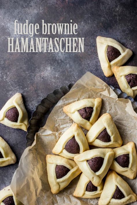 Fudge Brownie Hamantaschen- Little pillows of fudge-y chocolate brownie filling, surrounded by a butter-y sugar cookie.  food recipes purim cookies Hamantaschen Filling, Hamentashen Recipe, Hamantaschen Cookies, Purim Recipe, Hamantaschen Recipe, Jewish Holiday Recipes, Plain Cookies, Fudge Brownie, Recipes Cookies