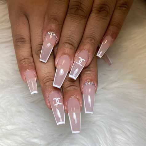 742 Likes, 4 Comments - NailsbyJohenly ✨ (@nailsbyjohenly) on Instagram: “Hand drawn 😛 • • • •  #nailsbyjohenly #nails #nailfie #nailsofinstagram #rhodeisland…” Glowing Black Skin, Ballerina Nails Designs, Fendi Coat, Chanel Nails, Transparent Nails, White Acrylic Nails, Polygel Nails, Cute Acrylic Nail Designs, Modern French