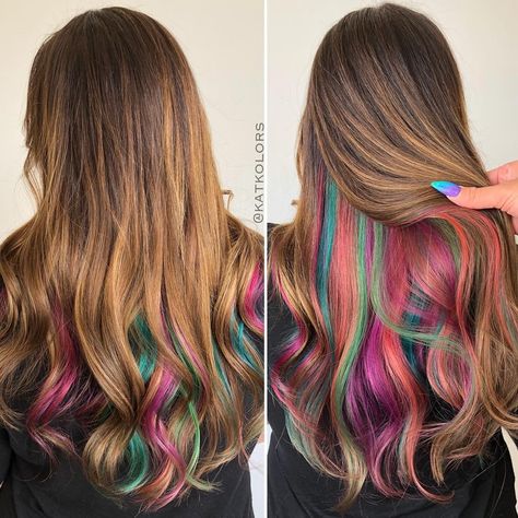 Dark Hair Rainbow Highlights, Vibrant Color Highlights, Colorful Hair Underneath, Multi Color Peekaboo Hair, Peck A Boo Hair Color, Auburn Hair With Colored Streaks, Vivid Underneath Hair, Rainbow Peak A Boo Highlights, Rainbow Peekaboo Hair Dark Brown