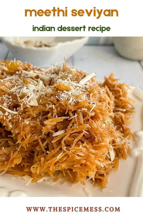 This indulgent meethi sevaiyan is a fast and easy dessert that is family favorite! This meethi sevaiyan is made with roasted vermicelli noodles cooked in ghee, sugar, and cardamom, and topped with a variety of dried fruits and nuts to make it even more flavorful. Enjoy this classic meethi sevaiyan any time of the day and you will never be disappointed. Sevaiyan Recipe, Sevaiyan Kheer, Pakistani Desserts, Indian Mithai, Easy Indian Dessert Recipes, Eid Recipes, Fast Easy Desserts, Easy Indian Dessert, Asian Dessert Recipes