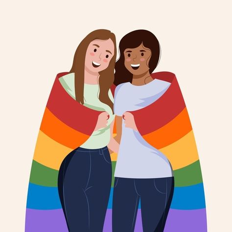 Beautiful lesbian couple with lgbt flag illustrated Free Vector Gender Equality Art, Gender Inclusivity, Couple Clipart, Sketches Of Love, Bond Paper Design, Recycled Dress, Lgbt Flag, Lesbian Flag, Pony Town