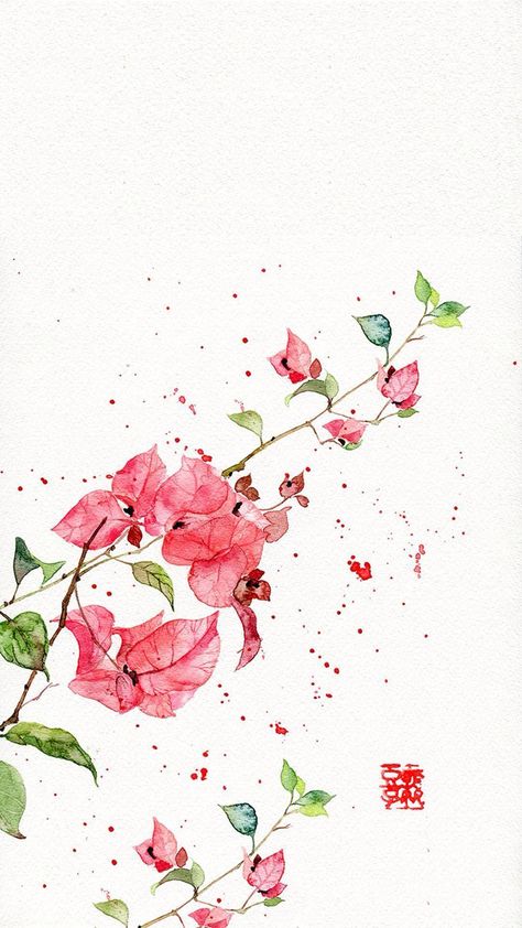 Red Leaf Plant, Soft Flowers, 수채화 그림, Flower Art Painting, Bougainvillea, Water Painting, Chinese Painting, Chinese Art, Botanical Prints