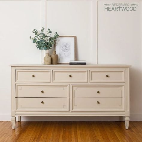 Laura | Redeemed Heartwood on Instagram: "This week I decided to try out a new color by @sherwinwilliams. I chose "Shiitake," a soft warm neutral. I love the classic and timeless look it gives this dresser when paired with antique brass hardware. Available for sale 🌿 Dimensions: 60W x 18.5D x32H #redeemedheartwood #furnituretransformation #furnitureartist #furnituremakeover #homedecor #sherwinwilliams #swcolorlove #zibrafurnitureart #paintedfurniture #furnitureflip #refinishedfurniture #ipaint Cream Color Furniture Bedroom, Dresser Makeover Beige, Neutral Color Dresser, Warm Beige Dresser, Cream Dresser With Gold Hardware, Off White Dresser Painted Furniture, Cream Color Dresser, Short Wide Dresser, Cream Colored Dresser