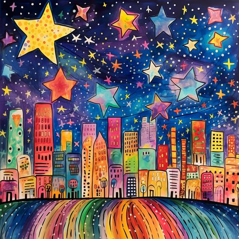 Whimsical Canvas Painting Ideas, Whimsical Paintings On Canvas, Artwork For Playroom, Magic Painting Ideas, Color Theory For Kids, Children Art Activities, Magical Painting Ideas, Children Painting Ideas, Star Drawing Ideas