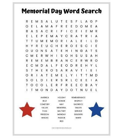 Download a free printable Memorial Day word search worksheet for the kids packed with 22 Memorial Day themed words to find including honor, parade, military, heroes, and service.  This is a great free activity for the kids to do at home or in the classroom in the days leading up to Memorial Day. The word search serves as an excellent way to start a conversation with the kids to discuss the meaning and importance of Memorial Day. Memorial Day For Kids Free Printables, Memorial Day Worksheets For Kids Free, Memorial Day Worksheets For Kids, Memorial Day Activities For Seniors, Memorial Day Activities For Kids, Word Search Free Printable, Patriotic Printables, Memorial Day Activities, Memorial Day Coloring Pages