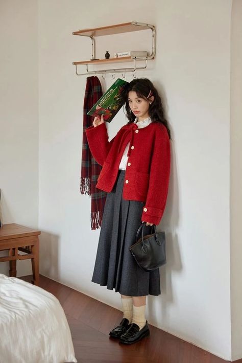 Teachers Fall Outfits, Japan Teacher Outfit, Soft Professional Outfits, Modest Red Outfits, Shojo Girl Fall Outfit, Korean Fall Outfits Street Style, Princess Coat Outfit, Japanese Capsule Wardrobe, Outfit With Red Cardigan