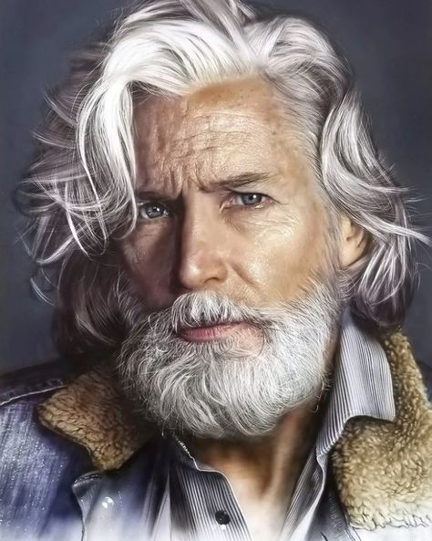 acrylic & airbrush artwork by @dru_blair Male Braids, Haircut Man, Long Haired Men, Long Hair Beard, Grey Hair Men, Men With Grey Hair, Grey Beards, Handsome Older Men, Beard Hairstyle