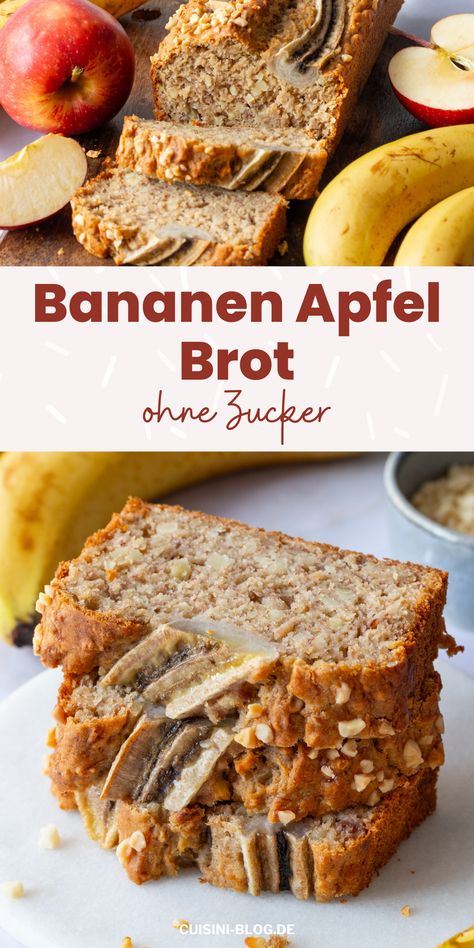 Mein Bananen-Apfel-Brot wird super saftig und ist einfach zubereitet. Das Apfel-Bananen-Brot überzeugt mit guten Zutaten und natürlicher Süße. Health Banana Bread, Clean Eating Banana Bread, Healthy Banana Bread Recipe Low Calories, Vegan Banana Bread With Applesauce, Bananabread Recept, Low Fat Banana Bread, Low Calorie Vegan Banana Bread, Brunch Time, Cafe Bistro