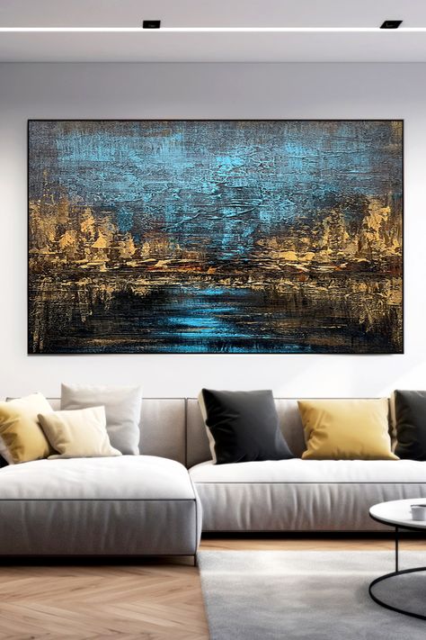 Original handmade abstract landscape painting with deep blue sky and golden reflections on water, textured brushstrokes create dramatic atmosphere Gold Landscape, Large Scale Artwork, Contemporary Interiors, Blue And Gold, Contemporary Interior, Abstract Landscape, Large Wall Art, Brush Strokes, Deep Blue