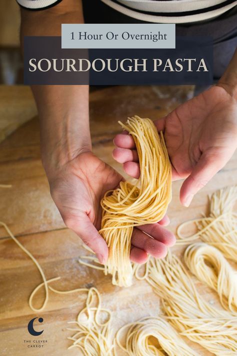 Learn how to make THE BEST sourdough pasta with clear step-by-step instructions and video. My recipe uses only 3 ingredients: flour, eggs and sourdough starter (active starter or sourdough discard) with a same day “1 hour dough” and a longer, 24 hour fermented option to maximize digestibility. Use for homemade pappardelle, ravioli, lasagna noodles and more! Sourdough Pasta Recipe, Homemade Pappardelle, Frugal Pantry, Sourdough Pasta, The Clever Carrot, Clever Carrot, Pasta Fresh, Sourdough Recipe, Sourdough Starter Discard Recipe