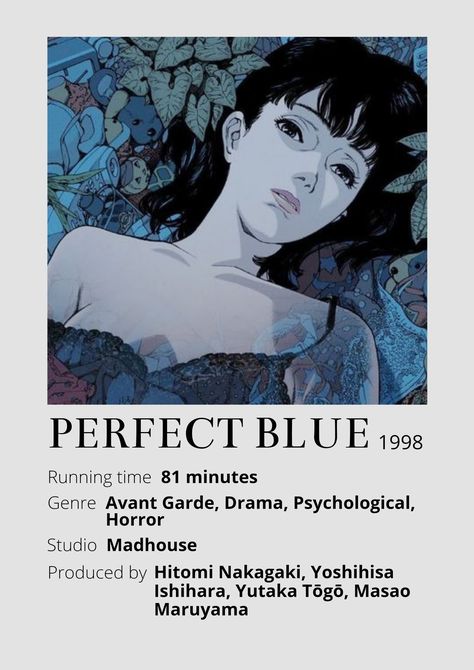 Perfect Blue Anime Minimalist poster 😊 Information taken from myanimelist.net and wikipedia.org Blue Movie Poster, Perfect Blue Anime, Indie Movie Posters, Satoshi Kon, Wall Collage Kit, Blue Tattoo, Animes To Watch, Minimalist Movie Poster, Anime Printables