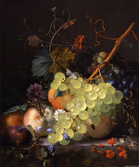 Jan van Huysum - Still-life of grapes and a peach on a table-top Jan Van Huysum, Dutch Still Life, Still Life Artists, Still Life Fruit, Johannes Vermeer, Fruit Painting, Dutch Artists, Painting Still Life, Still Life Art