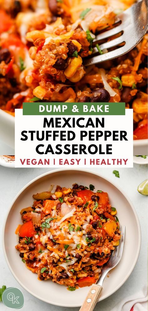 Vegan Casserole Recipes, Casserole Vegan, Pepper Casserole, Dump And Bake, Stuffed Pepper Casserole, Vegan Casserole, Vegan Mexican Recipes, Stuffed Pepper, Vegan Mexican