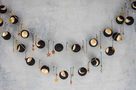 Moon Phase Lights decor theme for Halloween party | www.homeology.co.za Italy Birthday, Elegant Halloween Party, Personalized Place Cards, Lights Decor, The Moon And Stars, Elegant Halloween, Celestial Wedding, Bridal Shower Cakes, Adult Halloween Party