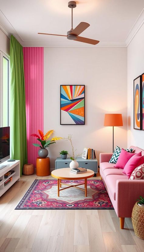 Add a splash of color to your small living room with vibrant decor ideas! Bold accents, playful patterns, and smart layouts make your space pop. 🛋️🌟 #ColorfulDecor #SmallSpaceInspo Colorful Small Living Room, Colorful Minimalist Living Room, Living Room Bright, Modern Style Living Room, Vibrant Decor, Orange Rooms, Colourful Living Room, Minimalist Living Room, Small Living Room