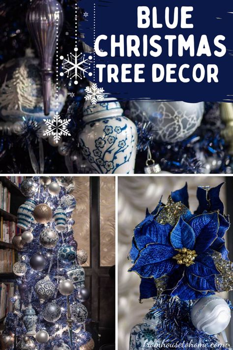 This blue Christmas tree with blue and white Christmas ornaments is gorgeous! Blue and white is one of my favorite Christmas color themes. Blue Christmas Tree Decorations, Christmas Tree Decoration Ideas, Tree Decoration Ideas, Glam Christmas Decor, Blue Christmas Ornaments, House To Home, Blue Christmas Decor, White Christmas Ornaments, Glam Christmas