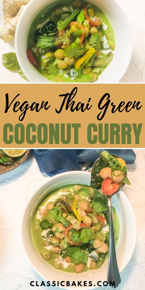 Nothing creates more magnificent aromas than cooking this Vegan Thai Coconut Curry. The fragrant blend of the Thai curry base consists of shallots, galangal, garlic, lemongrass, kafir lime leaves & fresh lime juice. Sweet, decadent coconut milk cups up the bowl with a steamy aroma while sweet Thai green chilies bring forth some heat to the game. Pair this with steamed jasmine rice or cauliflower rice & you'll have your best date night dinner yet! Coconut Chickpea Curry, Curry Base, Coconut Chickpea, Vegan Thai Green Curry, Green Chickpeas, Chickpea Curry Recipe, Chickpea Coconut Curry, Green Coconut, Thai Coconut