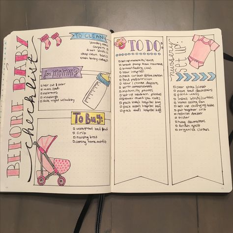 Bullet journal baby checklist. Bujo tracker, task organization bujo spread Checklist Journal Ideas, Pregnancy Bullet Journal Ideas, Bullet Journal Pregnancy, Baby Bullet Journal, Baby Journal Ideas, Pregnancy Bullet Journal, Pregnancy Journal Ideas, Task Organization, Scrapbook Baby Book Ideas