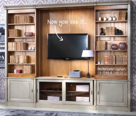 Knight Moves: Media Cabinet Unit Solutions Tv Bookcase, Hidden Tv Cabinet, Living Room Units, Built In Wall Units, Tv Built In, Hidden Tv, Casa Country, Bookcase Wall, Media Cabinet