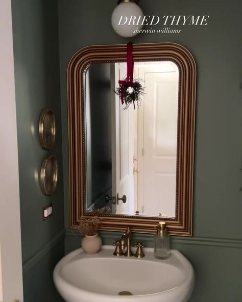 We gat time for Dried Thyme by #SherwinWilliamsBahamas. 🤷 🎨: Dried Thyme SW 6186 🎥 🏠: @ashleylynhome 👏👏 #PowderRoom #Satin #FindColorInEveryDay | By Sherwin-Williams BahamasFacebook | Facebook Sherwin Dried Thyme, Dried Thyme Paint, Dried Thyme Sherwin Williams, Sw Dried Thyme, Sherwin Williams Dried Thyme, Master Addition, Dried Thyme, Bathroom Reno, Find Color