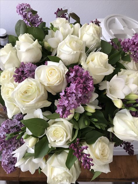 Lilacs And Roses, White Roses With Purple Accents, Purple White Flower Arrangements, Purple And White Roses, Purple Flower Arrangements, White Freesia, Roses And Violets, Lilac Bouquet, White Floral Arrangements