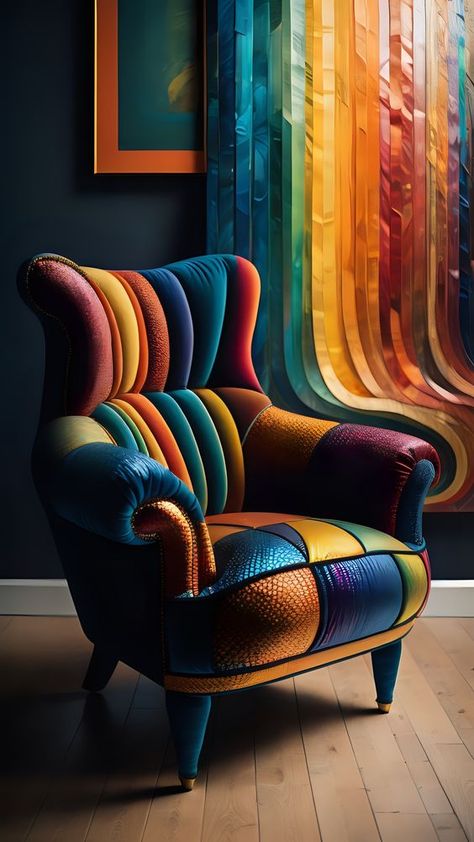 Colorful Chairs Living Room, Rainbow Chair, Fancy Chair, Weird Furniture, Colorful Room Decor, Snug Room, Unusual Furniture, Fantasy Furniture, A Dark Room