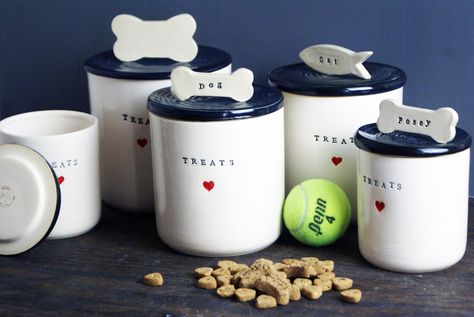 Personalized Ceramic Pet Treats Containers | Handmade, Custom Dog and Cat Treats Jars Cat Writing, Personalized Dog Bowls, Pet Storage, Ceramic Dog Bowl, Handmade Pet, Stuffed Animal Storage, Treat Jars, Ceramic Jars, Pet Treats