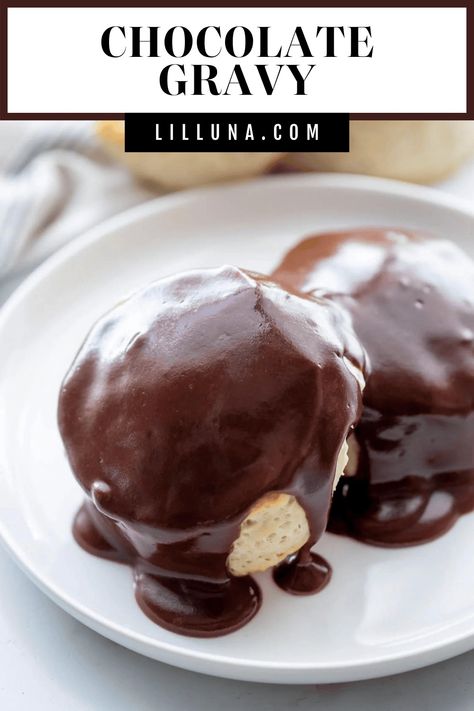 Thick chocolate gravy is as good as it sounds. Pour it over warm biscuits, or on anything else your heart desires! #chocolategravy #chocolate #breakfast #dessert #gravyrecipe Chocolate Gravy Recipe, Chocolate Gravy, Frozen Biscuits, Chocolate Fudge Sauce, Vanilla Biscuits, Chocolate Breakfast, Breakfast Recipes Sweet, Fudge Sauce, Catering Food