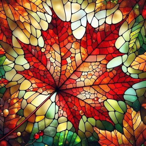 stained galss pattern of A close-up of a red maple leaf with veins and spots, detaching from a branch with other green and yellow leaves, against a blurred background of a forest in autumn - Image Creator from Microsoft Designer Maple Leaf Stained Glass Pattern, Fall Leaf Mosaic, Neurografic Art, Japan Nails, Stitch Pics, Japan Nail, Red Maple Leaf, Tape Ideas, Drawing Examples