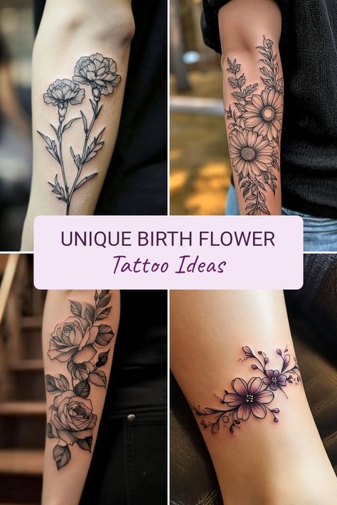 Discover creative birth flower tattoo ideas that bring personalization and meaning to your body art. Each month has a flower associated with it, representing various emotions and characteristics. From stunning designs like roses for June to luminous daisies for April, each tattoo can reflect your personality or important moments in your life. You can explore the significance of each flower and how they can symbolize memories, love, and self-expression. Enhance the significance behind your body art with these meaningful symbols. Aster Wrist Tattoo, Always Tattoo With Flowers, Floral Wrap Around Tattoo Forearm, June Birth Flower Tattoo, Birth Flower Tattoo Ideas, Meaningful Symbol Tattoos, Geometric Flower Tattoo, Flower Tattoo Ideas, Meaningful Symbols