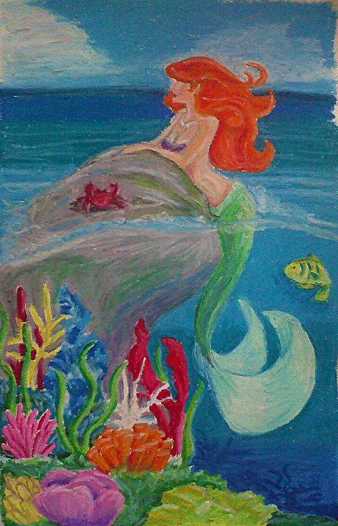 Mermaid Oil Pastel Art, Oil Pastel Mermaid, Oil Pastel Art Sea, Oil Pastel Drawings Easy, Disney Paintings, Pastel Sec, Oil Pastel Paintings, Pastel Paintings, Oil Pastel Art