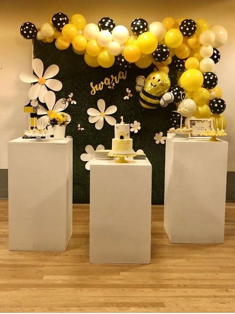 Bumble bee first birthday  | CatchMyParty.com Bee Birthday Party Ideas, Bee 1st Birthday Party, Bumble Bee First Birthday, Bee Birthday Decorations, Bumble Bee Birthday Party, Bee 1st Birthday, Bee First Birthday, Bee Birthday Theme, Bee Themed Birthday Party